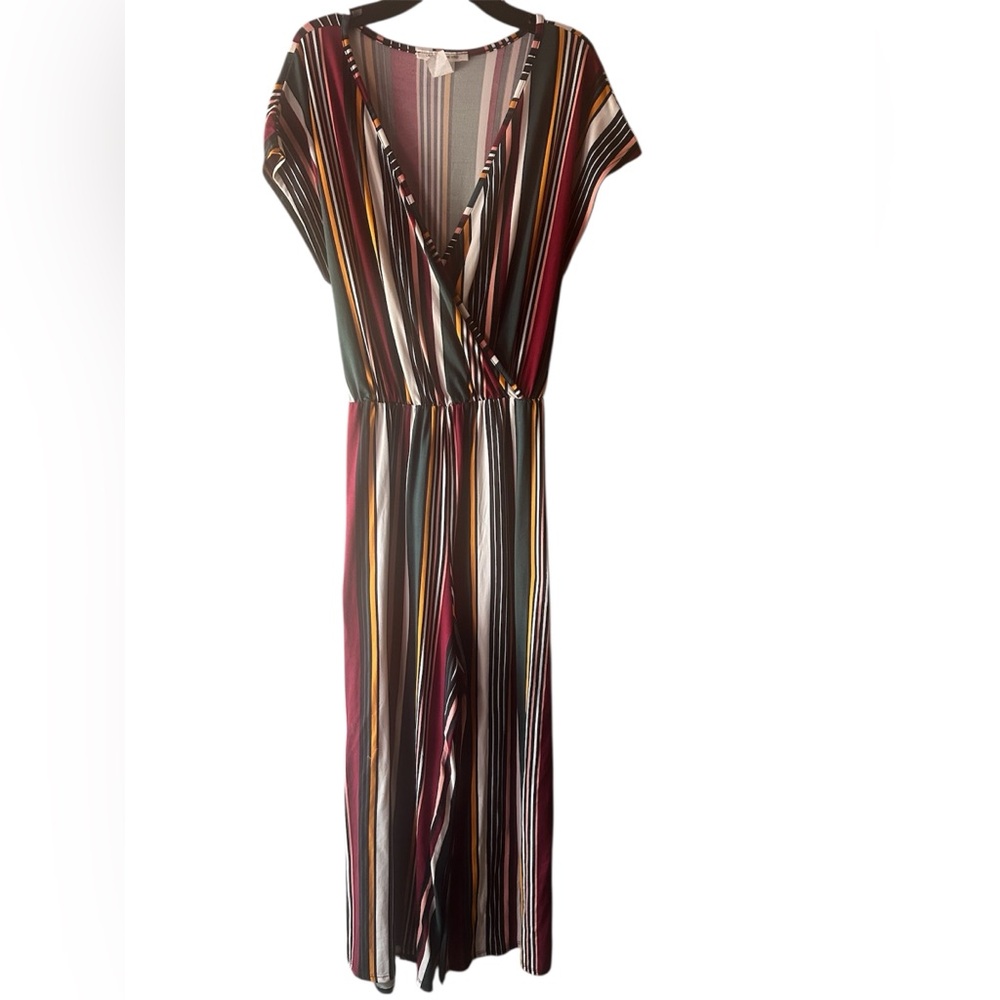 Caution To The Wind Multi Color Striped Faux Wrapped Tie Cropped Jumpsuit SZ- L